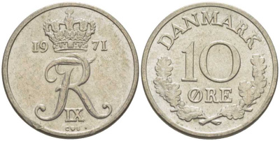 ДАНИЯ 10 ЭРЕ 1971 C; S, ФРЕДЕРИК IX (1947-1972) KM 849.1 медно-никель 4387-1066