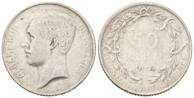 Бельгия 50 сантимов 1914 Альберт I (1909-1934), DES BELGES KM 70 серебро 63-714