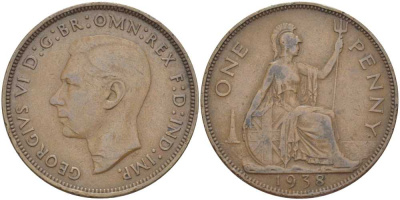 Великобритания 1 пенни 1938 Георг VI (1936-1952) КМ 845, Spink 4114 бронза 180-1214
