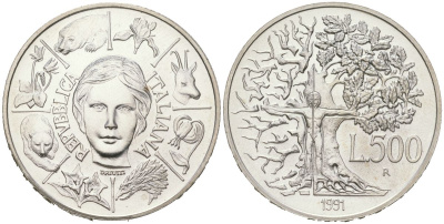 Италия 500 лир 1991 R, Флора и фауна KM 143 серебро BU 4367-923