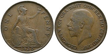 Великобритания 1 пенни 1930 Георг V (1910-1936) КМ 838, Spink 4055 бронза 73-823