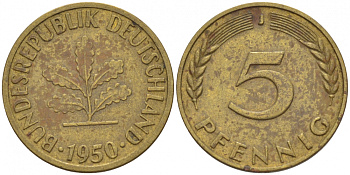 ФРГ 5 ПФЕННИГОВ 1950 J KM 107, J.382 сталь плакированная латунью 112-937