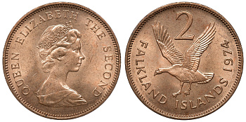 Фолклендские острова 2 пенса 1974 Елизавета II (1952-2022), магелланов гусь KM 3 бронза aUNC 4118-125