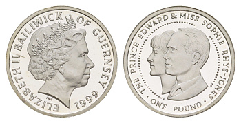 Гернси 1 фунт 1999 Свадьба принца Эдуарда и мисс Софи Рис-Джонс KM 95 серебро PROOF 1521-1022