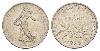 Франция 1 франк 1968 сеятель KM 925 никель 4541-221