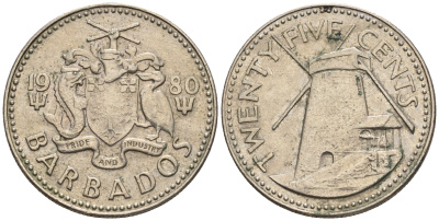Барбадос 25 центов 1980 ветряная мельница Моргана Льюиса KM 13 медно-никель 87-245