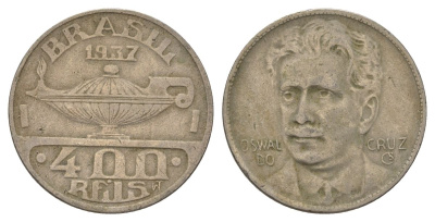 Бразилия 400 реалов 1937 Освалду Крус KM 539 медно-никель 4624-1245