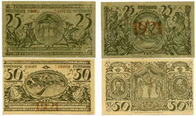Обераммергау лот из 2 банкнот 1921 1 июля 1921 - 1 октября 1922, нотгельд (25, 50 пфеннигов), земля Бавария Grabowski 922.6 бумага 2196-2-2-2