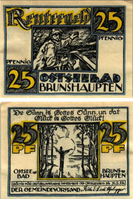 БРУНСШАПТЕН 25 ПФЕННИГОВ 1922 НОТГЕЛЬД, 1922 - 31 МАЯ 1922, ЗЕМЛЯ МЕКЛЕНБУРГ ПЕРЕДНЯЯ ПОМЕРАНИЯ Grabowski 195.1 бумага 6318-41-2-3
