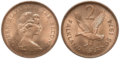 Фолклендские острова 2 пенса 1974 Елизавета II (1952-2022), магелланов гусь KM 3 бронза aUNC 4118-125