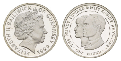 Гернси 1 фунт 1999 Свадьба принца Эдуарда и мисс Софи Рис-Джонс KM 95 серебро PROOF 1521-1022
