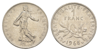 Франция 1 франк 1968 сеятель KM 925 никель 4541-221