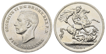 Великобритания 1 крона (5 шиллингов) 1951 Георг VI (1936-1952), фестиваль Британии, Георгий Победоносец KM 880, Spink 4111 медно-никель Prooflike 4527-935