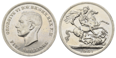 Великобритания 1 крона (5 шиллингов) 1951 Георг VI (1936-1952), фестиваль Британии, Георгий Победоносец KM 880, Spink 4111 медно-никель Prooflike 4527-935