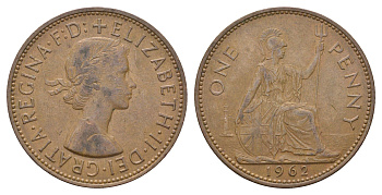 Великобритания 1 пенни 1962 Елизавета II (1952-2022) KM 897, Spink 4157 бронза 4661-843
