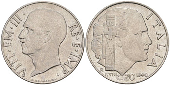 ИТАЛИЯ 20 ЧЕНТЕЗИМО 1940 R, ГОД XVIII, ВИКТОР ЭММАНУИЛ III (1900-1946), немагнитная, ГУРТ РИФЛЁНЫЙ KM 75d, VEM3. 1026a) нержавеющая сталь 3853-541