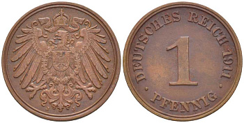 ГЕРМАНИЯ 1 ПФЕННИГ 1911 J KM 10, J. 10, Weege 2 медь 211-449