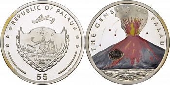 Палау 5 долларов 2006 вулканы Палау, цветная эмаль, лава!!! Тираж 2500 экземпляров серебро PROOF 1071-5-63