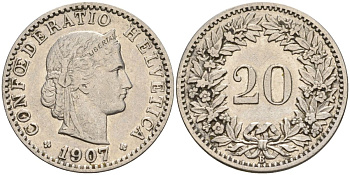 Швейцария 20 раппенов 1907 B KM 29 никель 4606-741