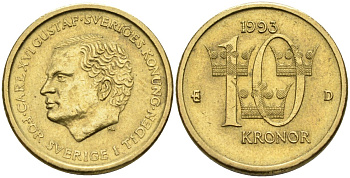 Швеция 10 крон 1993 B, Карл XVI Густав (1973- ) KM 877 медь алюминий цинк UNC 4592-215