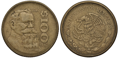 Мексика 100 песо 1987 Мо, Венустиано Карранса де ла Гарса KM 493 алюминиевая бронза G 215-1012