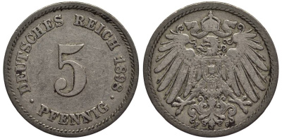 ГЕРМАНИЯ 5 ПФЕННИГОВ 1898 F KM 11, Jager 12, Weege 6 медно-никель 4547-359