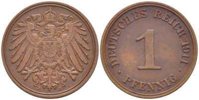 ГЕРМАНИЯ 1 ПФЕННИГ 1911 J KM 10, J. 10, Weege 2 медь 211-449