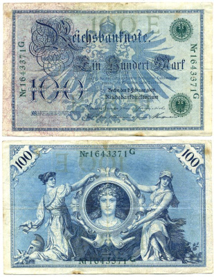 ГЕРМАНИЯ 100 МАРОК 1908 7 ФЕВРАЛЯ 1908, ЗЕЛЕНАЯ ПЕЧАТЬ, РЕПРИНТ (1918-1922) Pick 34 бумага 7523-27-2