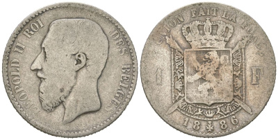 Бельгия 1 франк 1886 DES BELGES, Леопольд II (1865-1909) KM 28 серебро 4543-1143