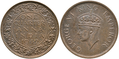 Британская Индия 1/4 анна 1942 Георг VI (1937-1952) KM 531 бронза aUNC 4178-441