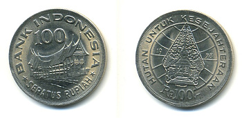 Индонезия 100 рупий 1978 хижина Минангкабау, легендарное дерево жизни KM 42 медно-никель UNC 4364-744