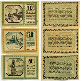 Австрия, Тальгау набор из 3 банкнот 10, 20, 50 геллеров 1920 сентябрь 1920, нотгельд, ярмарочная коммуна в земле Зальцбург   бумага  UNC (пресс) 7555-30-1-1