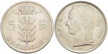 БЕЛЬГИЯ 5 ФРАНКОВ 1975 BELGIQUE, БОДУЭН I (1951-1993) KM 134.1 медно-никель 213-616