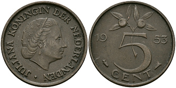 Нидерланды 5 центов 1953 Юлиана (1948-1980) KM 181 бронза 95-256