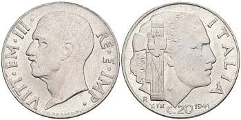ИТАЛИЯ 20 ЧЕНТЕЗИМО 1941 R, ГОД XIX, ВИКТОР ЭММАНУИЛ III (1900-1946) KM 75b, VEM3. 1028 нержавеющая сталь 3853-926