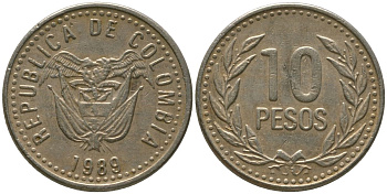 Колумбия 10 песо 1989 KM 281.1 медь цинк никель 4528-829