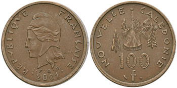 Французская Новая Каледония 100 франков 2001 хижина среди сосен и пальм, (IEOM) KM 15, Schoen 16, Lec 139e никель латунь 4144-1222