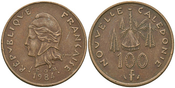 Французская Новая Каледония 100 франков 1984 хижина среди сосен и пальм, (IEOM) KM 15, Schoen 16, Lec 134 никель бронза 88-431