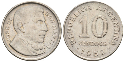 Аргентина 10 сентаво 1952 генерал Хосе де Сан Мартин KM 47, Schon 50 медно-никель    4609-1152
