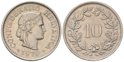 Швейцария 10 раппенов 1970 KM 27 медно-никель 4564-1266