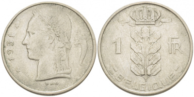 БЕЛЬГИЯ 1 ФРАНК 1952 BELGIQUE KM 142.1 медно-никель 3309-641