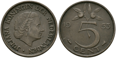 Нидерланды 5 центов 1953 Юлиана (1948-1980) KM 181 бронза 95-256