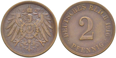 Германия 2 пфеннига 1916 A KM 16, J. 11, Weege 4 медь 206-656