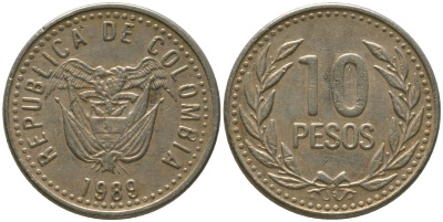 Колумбия 10 песо 1989 KM 281.1 медь цинк никель 4528-829