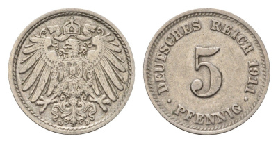 Германия 5 пфеннигов 1911 D, Вильгельм II (1888-1918) KM 11, J. 12 медно-никель 4636-221