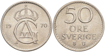 Швеция 50 эре 1970 U, Густав VI Адольф(1950-1973) KM 837 медно-никель 219-942