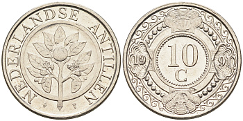 Нидерландские Антилы 10 центов 1991 Беатрикс (1980-2013) KM 34 никелированная сталь 4169-356