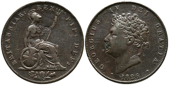 Великобритания 1/2 пенни 1826 Георг IV (1820-1830) KM 692, Spink 3824 медь 1518-244