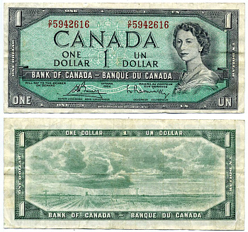 Канада 1 доллар 1954 подписи Bouey & Rasminsky, BABNC Pick 75c бумага 445-71-3-1