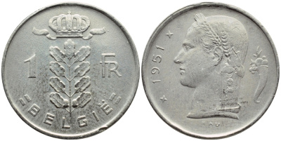 БЕЛЬГИЯ 1 ФРАНК 1951 BELGIE KM 143.1 медно-никель 4390-347